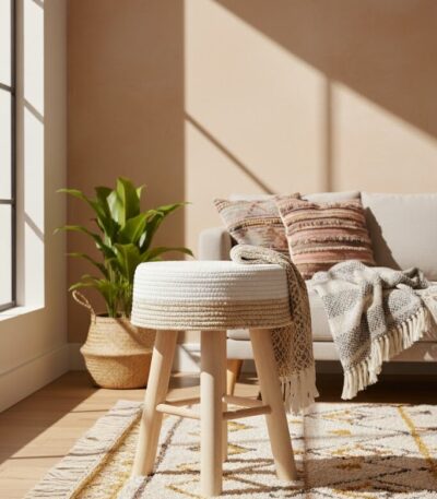 Lior Woven Stool. Natural woven seat. Two-tone design. White accents. Angular wooden legs. Durable seating. Stylish stool. Natural materials. Handcrafted. Eco-friendly. Contemporary design. Minimalist style. Natural living. Home furniture. Accent stool. Lightweight. Versatile seating. Textured pattern. Organic texture. Rustic charm. Scandinavian style. Modern home.