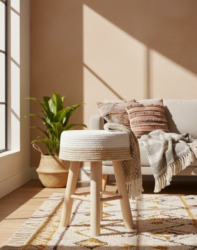 Lior Woven Stool Lior Woven Stool. Natural woven seat. Two-tone design. White accents. Angular wooden legs. Durable seating. Stylish stool. Natural materials. Handcrafted. Eco-friendly. Contemporary design. Minimalist style. Natural living. Home furniture. Accent stool. Lightweight. Versatile seating. Textured pattern. Organic texture. Rustic charm. Scandinavian style. Modern home.