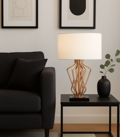 Stella Table Lamp. Home lighting. Black fabric shade. White fabric shade. Bronze metal frame. Black marble base. Handcrafted lamp. Contemporary design. Modern lighting. Decorative lamp. Table lamp. Living room lighting. Bedroom lighting. Stylish lamp. Elegant lighting. Durable lamp. Indoor lighting. Sleek design. Luxury lighting. Black and white shades. Bronze finish.