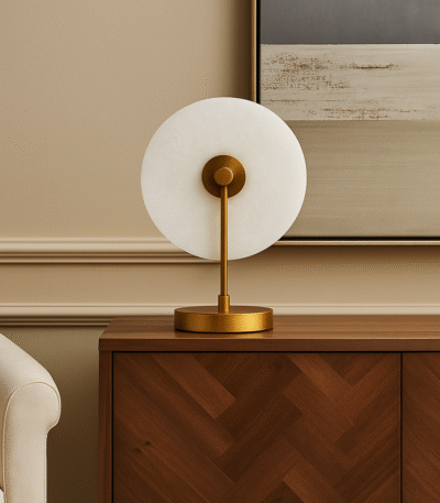 Nyra Table Lamp. Table lamp. White marble shade. Marble lamp. Wheel-shaped shade. Gold finish. Black finish. Contemporary lighting. Modern lamp. Home lighting. Decorative lamp. Ambient light. Living room lighting. Bedroom lamp. Stylish lighting. Home decor. Interior lighting. Accent lighting. Metal base. Warm glow. Luxury lamp. Modern design.