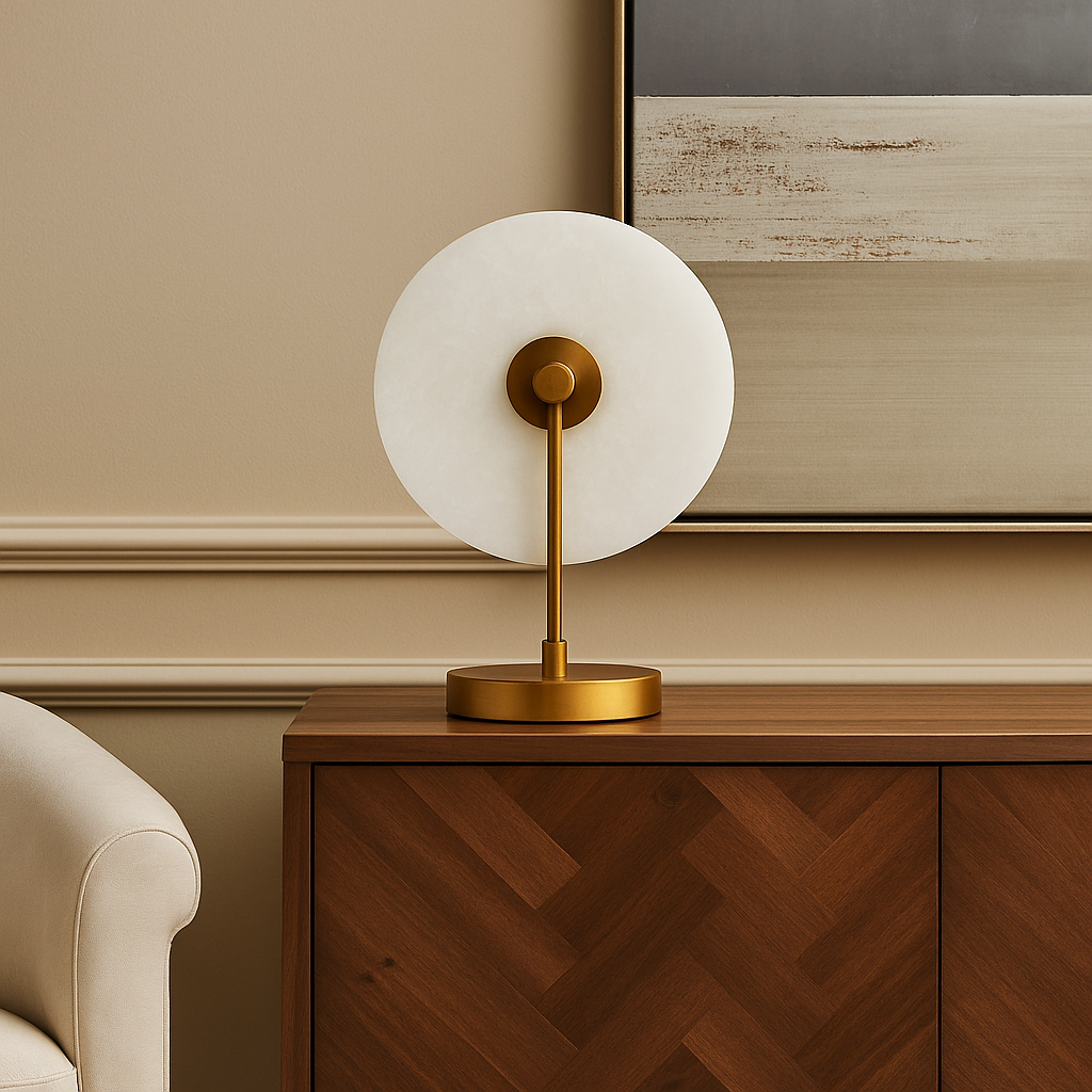 Nyra White Table Lamp Nyra Table Lamp. Table lamp. White marble shade. Marble lamp. Wheel-shaped shade. Gold finish. Black finish. Contemporary lighting. Modern lamp. Home lighting. Decorative lamp. Ambient light. Living room lighting. Bedroom lamp. Stylish lighting. Home decor. Interior lighting. Accent lighting. Metal base. Warm glow. Luxury lamp. Modern design.