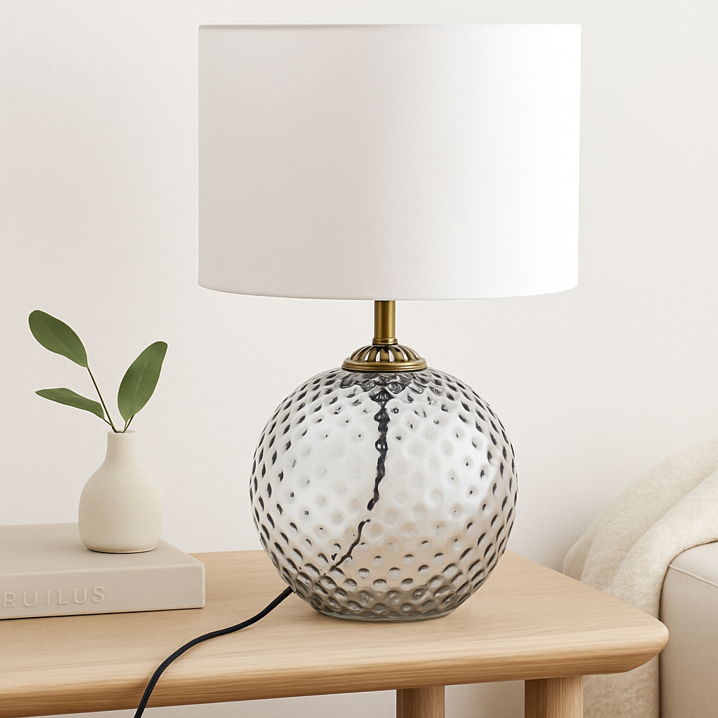 Olanna Grey Table Lamp Home. Lighting. Table Lamp. Glass Lamp. Dimpled Glass. Modern Lighting. Contemporary Decor. Ambient Lighting. Accent Lighting. Fabric Shade. Gold Finish. Glass Base. Cylinder Shade. Grey Lamp. Aqua Blue Lamp. Clear Glass Lamp. Elegant Lamp. Bedroom Lighting. Living Room Lighting. Office Lighting. Luxe Lighting. Interior Styling. Soft Glow Lamp. Decorative Lighting. Minimalist Lamp. Translucent Lamp