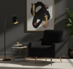 Bailey Armchair. Black Armchair. Checkered Armchair. Black and White Chair. Modern Armchair. Upholstered Chair. Gold Legs Chair. Slanted Legs. Contemporary Seating. Living Room Furniture. Accent Chair. Bedroom Chair. Statement Chair. Designer Chair. Stylish Home Furniture. Soft Fabric Chair. Comfortable Armchair. Compact Chair. Lounge Chair. Home Decor. Modern Interior. Bold Pattern Chair. Minimalist Chair.