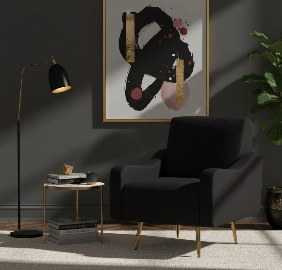 Bailey Black Armchair Bailey Armchair. Black Armchair. Checkered Armchair. Black and White Chair. Modern Armchair. Upholstered Chair. Gold Legs Chair. Slanted Legs. Contemporary Seating. Living Room Furniture. Accent Chair. Bedroom Chair. Statement Chair. Designer Chair. Stylish Home Furniture. Soft Fabric Chair. Comfortable Armchair. Compact Chair. Lounge Chair. Home Decor. Modern Interior. Bold Pattern Chair. Minimalist Chair.