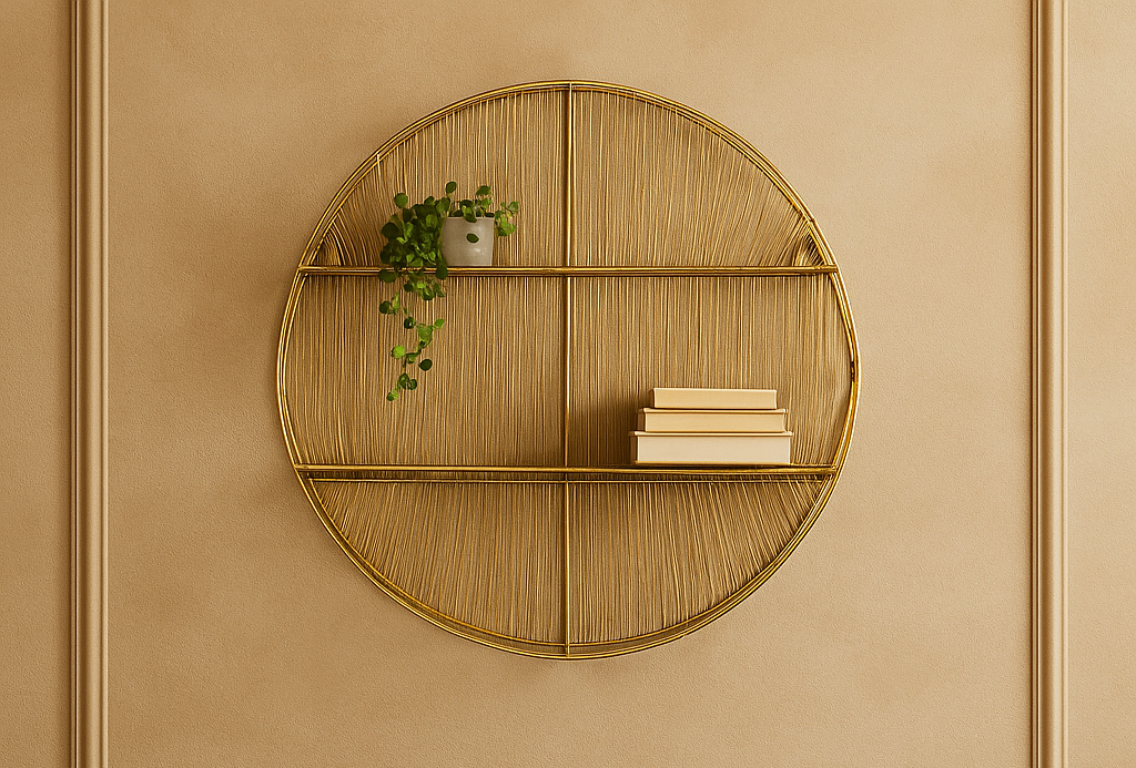 Elio Gold Round Wall Shelf Elio Round Wall Shelf. Gold Wall Shelf. Black Wall Shelf. Round Shelf. Wall Decor. Modern Wall Shelf. Industrial Wall Shelf. 100% Iron Shelf. Wire Wall Shelf. Decorative Wall Art. Contemporary Wall Shelf. Living Room Decor. Bedroom Wall Shelf. Office Wall Decor. Floating Shelf. Wall Display Unit. Home Accessories. Metal Wall Shelf. Minimalist Wall Shelf. Modern Home Decor. Accent Shelf. Gold and Black Wall Art. Stylish Storage. Interior Wall Styling.