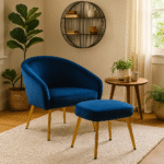 Esme Chair and Footstool. Velvet Chair. Velvet Footstool. Mink Chair. Cream Chair. Blue Chair. Mid-Century Modern Furniture. Upholstered Chair. Ergonomic Chair. High Density Foam. Gold Powder-Coated Legs. Stylish Seating. Living Room Furniture. Bedroom Chair. Compact Seating. Luxury Home Furniture. Cozy Chair. Accent Chair. Decorative Footstool. Comfortable Seating. Modern Home Decor.