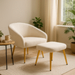 Esme Chair and Footstool. Velvet Chair. Velvet Footstool. Mink Chair. Cream Chair. Blue Chair. Mid-Century Modern Furniture. Upholstered Chair. Ergonomic Chair. High Density Foam. Gold Powder-Coated Legs. Stylish Seating. Living Room Furniture. Bedroom Chair. Compact Seating. Luxury Home Furniture. Cozy Chair. Accent Chair. Decorative Footstool. Comfortable Seating. Modern Home Decor.