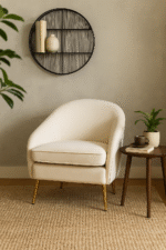 Esme Round Velvet Armchair. Velvet Armchair. Cream Velvet Chair. Mink Velvet Chair. Light Blue Velvet Chair. Mid-Century Modern Chair. Upholstered Armchair. High Density Foam Cushion. Plush Velvet Seating. Gold Metal Legs Chair. Stylish Accent Chair. Compact Armchair. Home Furniture. Modern Living Room Chair. Cozy Seating. Elegant Lounge Chair. Decorative Chair. Bedroom Chair. Office Accent Chair. Soft Velvet Upholstery. Comfortable Armchair. Tactile Texture Chair. Luxury Home Seating. Glamorous Chair.