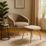 Esme Chair and Footstool. Velvet Chair. Velvet Footstool. Mink Chair. Cream Chair. Blue Chair. Mid-Century Modern Furniture. Upholstered Chair. Ergonomic Chair. High Density Foam. Gold Powder-Coated Legs. Stylish Seating. Living Room Furniture. Bedroom Chair. Compact Seating. Luxury Home Furniture. Cozy Chair. Accent Chair. Decorative Footstool. Comfortable Seating. Modern Home Decor.