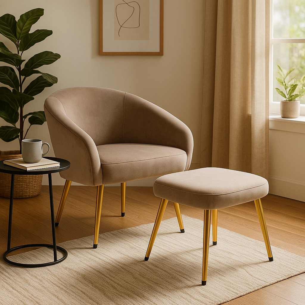 Esme Mink Chair and Footstool Esme Chair and Footstool. Velvet Chair. Velvet Footstool. Mink Chair. Cream Chair. Blue Chair. Mid-Century Modern Furniture. Upholstered Chair. Ergonomic Chair. High Density Foam. Gold Powder-Coated Legs. Stylish Seating. Living Room Furniture. Bedroom Chair. Compact Seating. Luxury Home Furniture. Cozy Chair. Accent Chair. Decorative Footstool. Comfortable Seating. Modern Home Decor.