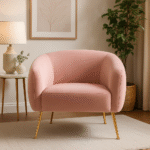 Velvet Armchair. Esme Armchair. Mid-Century Modern Chair. Upholstered Armchair. High Density Foam Chair. Pink Velvet Armchair. Green Velvet Armchair. Brown Velvet Armchair. Stylish Accent Chair. Modern Living Room Chair. Cozy Seating. Home Furniture. Elegant Lounge Chair. Gold Metal Legs Chair. Contemporary Seating. Velvet Accent Chair. Compact Armchair. Decorative Seating. Bedroom Chair. Office Accent Chair. Soft Velvet Upholstery. Luxury Home Seating. Warm Metallic Base Chair. Comfortable Armchair. Curved Seat Chair.