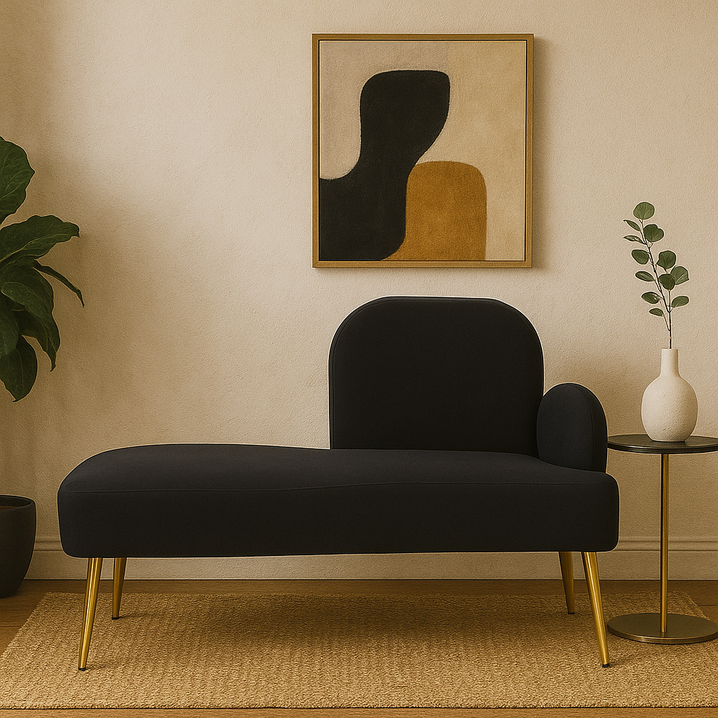 Harley Black Right Hand Chaise Lounge Harley Right Hand Chaise Lounge. Black Chaise Lounge. Grey Chaise Lounge. Upholstered Chaise. Gold Metal Legs. Slanted Legs. Modern Furniture. Minimalist Design. Comfortable Seating. Living Room Furniture. Bedroom Furniture. Lounge Chair. Contemporary Decor. Stylish Seating. Home Furniture. Accent Chair. Plush Padding. Durable Metal Legs. Elegant Chair. Modern Home Decor. Luxury Seating.