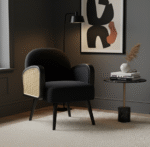 Miley Velvet Armchair. Black Armchair. Cream Armchair. Velvet Upholstered Chair. Rattan Style Arms. Rubberwood Legs. Slanted Legs. Modern Retro Chair. Stylish Accent Chair. Comfortable Seating. Living Room Furniture. Bedroom Chair. Office Chair. Lounge Chair. Home Furniture. Contemporary Design. Plush Velvet Chair. Durable Wood Legs. Elegant Armchair. Soft Upholstery. Modern Home Decor.