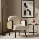 Miley Velvet Armchair. Black Armchair. Cream Armchair. Velvet Upholstered Chair. Rattan Style Arms. Rubberwood Legs. Slanted Legs. Modern Retro Chair. Stylish Accent Chair. Comfortable Seating. Living Room Furniture. Bedroom Chair. Office Chair. Lounge Chair. Home Furniture. Contemporary Design. Plush Velvet Chair. Durable Wood Legs. Elegant Armchair. Soft Upholstery. Modern Home Decor.