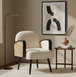 Miley Velvet Armchair. Black Armchair. Cream Armchair. Velvet Upholstered Chair. Rattan Style Arms. Rubberwood Legs. Slanted Legs. Modern Retro Chair. Stylish Accent Chair. Comfortable Seating. Living Room Furniture. Bedroom Chair. Office Chair. Lounge Chair. Home Furniture. Contemporary Design. Plush Velvet Chair. Durable Wood Legs. Elegant Armchair. Soft Upholstery. Modern Home Decor.