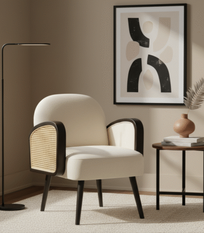 Miley Velvet Armchair. Black Armchair. Cream Armchair. Velvet Upholstered Chair. Rattan Style Arms. Rubberwood Legs. Slanted Legs. Modern Retro Chair. Stylish Accent Chair. Comfortable Seating. Living Room Furniture. Bedroom Chair. Office Chair. Lounge Chair. Home Furniture. Contemporary Design. Plush Velvet Chair. Durable Wood Legs. Elegant Armchair. Soft Upholstery. Modern Home Decor.