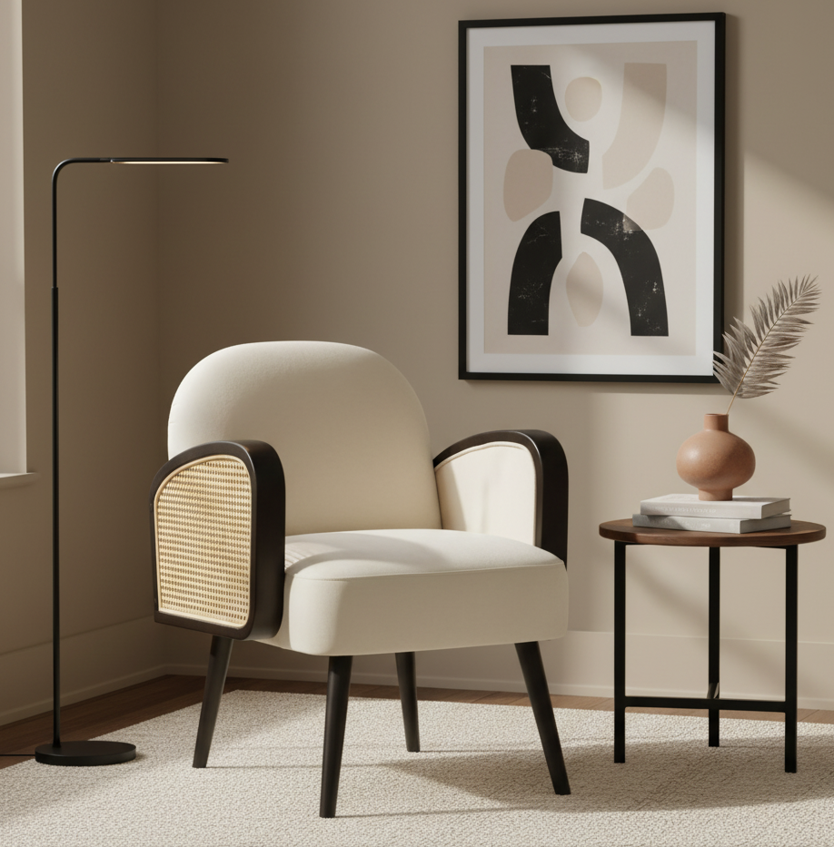 Miley Cream Velvet Armchair Miley Velvet Armchair. Black Armchair. Cream Armchair. Velvet Upholstered Chair. Rattan Style Arms. Rubberwood Legs. Slanted Legs. Modern Retro Chair. Stylish Accent Chair. Comfortable Seating. Living Room Furniture. Bedroom Chair. Office Chair. Lounge Chair. Home Furniture. Contemporary Design. Plush Velvet Chair. Durable Wood Legs. Elegant Armchair. Soft Upholstery. Modern Home Decor.