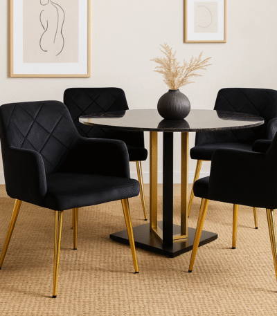 velvet dining chair. modern dining chair. padded seat. cocoon armrests. quilted backrest. gold finish legs. chrome finish legs. grey dining chair. aqua blue chair. black velvet chair. mid-century modern furniture. stylish dining seating. home furniture. dining room chair. luxury dining chair. contemporary dining chair. durable dining chair. compact dining chair. living space furniture. elegant dining chair. comfortable dining seating.