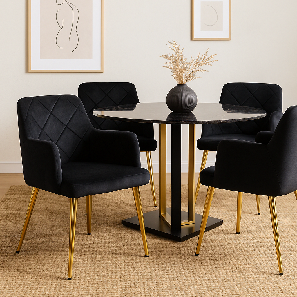 Tamina Black & Gold Dining Chair velvet dining chair. modern dining chair. padded seat. cocoon armrests. quilted backrest. gold finish legs. chrome finish legs. grey dining chair. aqua blue chair. black velvet chair. mid-century modern furniture. stylish dining seating. home furniture. dining room chair. luxury dining chair. contemporary dining chair. durable dining chair. compact dining chair. living space furniture. elegant dining chair. comfortable dining seating.