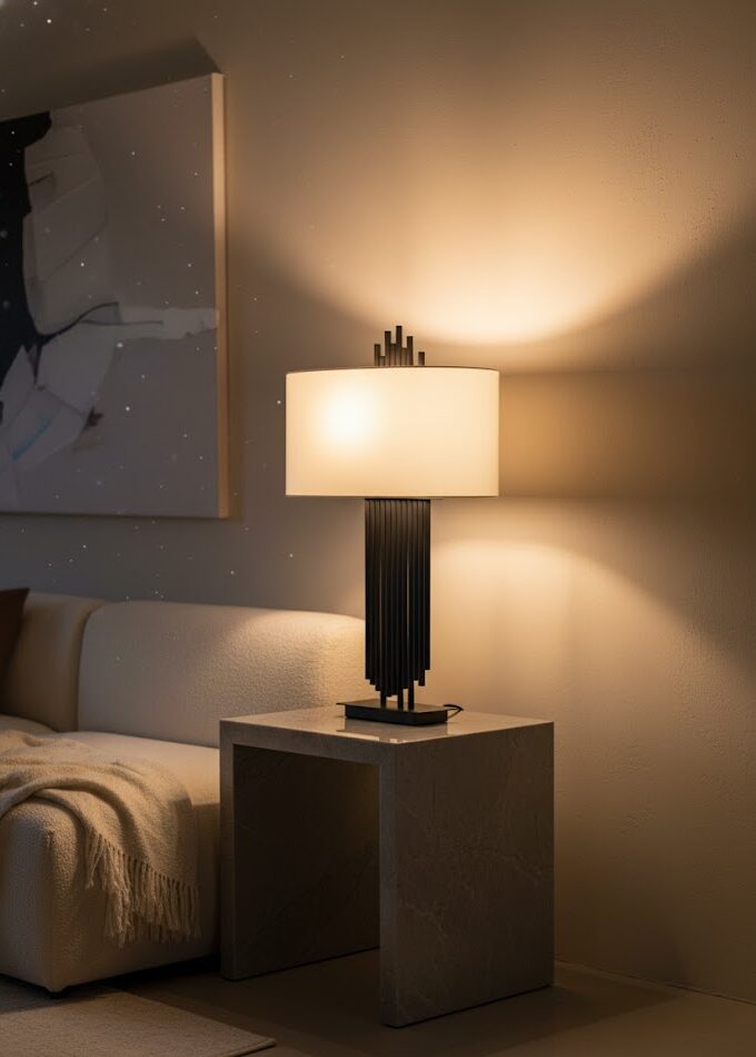 Avela Table Lamp home. lighting. table lamp. contemporary design. modern lighting. sculptural lamp. asymmetric lamp. black lamp. gold lamp. fabric shade. linen shade. ambient lighting. decorative lighting. iron lamp. minimalist decor. living room lighting. bedroom lighting. stylish home accessories. modern table lamp. Avela lamp. home accents.