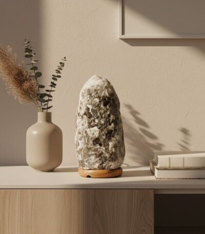 Avelina salt lamp. Grey salt lamp. Natural salt lamp. Calming light. Wood base lamp. Modern salt lamp. Decorative lighting. Wellness decor. Ambient light. Oblong salt lamp. Grey crystal lamp. Natural decor. Meditation light. Himalayan style lamp. Bedroom lighting. Boho home accessories. Soft glow lamp. Nature-inspired lighting. Handcrafted lamp. Zen home accents.