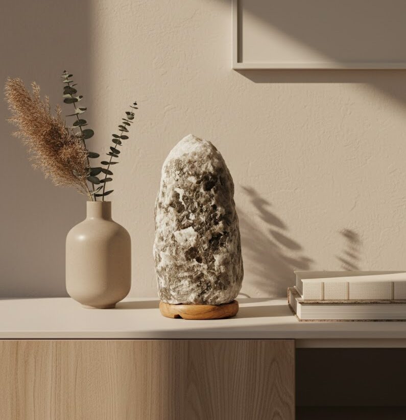 Avelina Natural Salt Lamp Avelina salt lamp. Grey salt lamp. Natural salt lamp. Calming light. Wood base lamp. Modern salt lamp. Decorative lighting. Wellness decor. Ambient light. Oblong salt lamp. Grey crystal lamp. Natural decor. Meditation light. Himalayan style lamp. Bedroom lighting. Boho home accessories. Soft glow lamp. Nature-inspired lighting. Handcrafted lamp. Zen home accents.