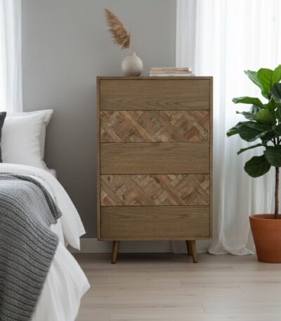 Silas drawer chest. 5 drawer chest. Wooden chest of drawers. Oak chest. Elm wood furniture. Geometric drawers. Natural wood grain. Bedroom storage. Living room chest. Modern rustic furniture. Brass finish legs. Mid-century chest. Tall storage chest. Wooden storage unit. Natural tone furniture. Functional bedroom furniture. Contemporary drawer unit. Stylish chest. Oak and elm drawer chest. Subtle pattern furniture.