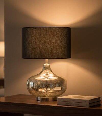 Verina table lamp. silver glass lamp. black linen shade. gourd style lamp. ambient lighting. modern table lamp. contemporary lighting. decorative lamp. bedside lamp. desk lamp. stylish lamp. compact lighting. luxury table lamp. silver finish. glass body lamp. round metal base. soft glow lamp. living room lighting. bedroom lighting. office lamp. minimalist lighting. transitional décor. home accessories. interior lighting. designer lamp.