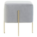 Vienna Square Velvet Stool. Velvet stool. Grey velvet stool. Square pouffe. Luxury accent stool. Modern footstool. Gold leg stool. Contemporary home furniture. Bedroom accent stool. Living room stool. Glam interior furniture. Vanity stool. Compact seating. Upholstered stool. Designer stool.
