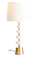 Orla Table Lamp. White Marble Table Lamp. Gold Metal Table Lamp. Linen Shade Lamp. Modular Marble Lamp. Contemporary Table Lamp. Luxe Home Lighting. Boutique Style Lamp. Side Table Lamp. Desk Lamp. Living Room Lamp. Bedroom Lamp. Sculptural Accent Lamp. Statement Lighting Piece. Ambient Lighting Feature.