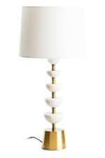Orla Table Lamp. White Marble Table Lamp. Gold Metal Table Lamp. Linen Shade Lamp. Modular Marble Lamp. Contemporary Table Lamp. Luxe Home Lighting. Boutique Style Lamp. Side Table Lamp. Desk Lamp. Living Room Lamp. Bedroom Lamp. Sculptural Accent Lamp. Statement Lighting Piece. Ambient Lighting Feature.
