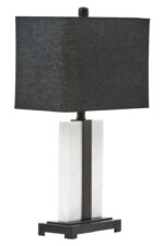 Elda Table Lamp. White marble lamp. Black fabric shade. Modern lighting. Contemporary décor. Minimalist lamp. Marble and metal lamp. Elegant table lamp. Designer lighting. Bedroom lamp. Living room light. Sleek home accessory.