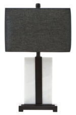 Elda Table Lamp. White marble lamp. Black fabric shade. Modern lighting. Contemporary décor. Minimalist lamp. Marble and metal lamp. Elegant table lamp. Designer lighting. Bedroom lamp. Living room light. Sleek home accessory.