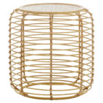 Trent Side Table. Rattan side table. Handwoven rattan top. Gold metal frame. Modern rattan furniture. Boho side table. Coastal accent table. Round rattan table. Minimalist living room décor. Rustic meets modern design. Artisan-crafted furniture.