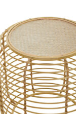 Trent Side Table. Rattan side table. Handwoven rattan top. Gold metal frame. Modern rattan furniture. Boho side table. Coastal accent table. Round rattan table. Minimalist living room décor. Rustic meets modern design. Artisan-crafted furniture.