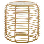 Trent Side Table. Rattan side table. Handwoven rattan top. Gold metal frame. Modern rattan furniture. Boho side table. Coastal accent table. Round rattan table. Minimalist living room décor. Rustic meets modern design. Artisan-crafted furniture.