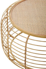 Trent Coffee Table. Rattan coffee table. Handwoven rattan top. Gold metal frame table. Round coffee table. Minimalist living room furniture. Boho coffee table. Coastal style furniture. Mid-century modern table. Sturdy metal frame. Artisanal furniture. Rustic modern décor.