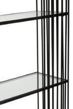 Trent 5 Tier Shelf Unit. Black iron shelf. Glass shelf unit. Modern shelving. Industrial shelving. Tall bookcase. 5 tier shelf. Clear glass shelves. Minimalist storage. Modern furniture. Industrial furniture. Home office shelves. Hallway shelf unit. Living room shelving. Contemporary bookcase.