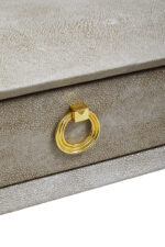 Fiora Shagreen Console Table. Shagreen leather console table. Gold accent furniture. Two-drawer console table. Modern hallway table. Luxury console table. Black leg console. Contemporary entryway furniture. Boutique-style décor. Textured finish console.