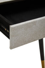Fiora Shagreen Console Table. Shagreen leather console table. Gold accent furniture. Two-drawer console table. Modern hallway table. Luxury console table. Black leg console. Contemporary entryway furniture. Boutique-style décor. Textured finish console.