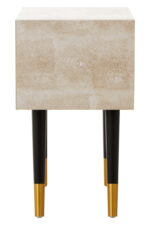 Fiora Shagreen Bedside Table. Shagreen leather bedside table. Two-drawer bedside table. Gold accent furniture. Modern nightstand. Luxury bedside table. Black leg table. Textured finish furniture. Contemporary bedroom décor. Boutique home style.