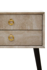 Fiora Shagreen Bedside Table. Shagreen leather bedside table. Two-drawer bedside table. Gold accent furniture. Modern nightstand. Luxury bedside table. Black leg table. Textured finish furniture. Contemporary bedroom décor. Boutique home style.