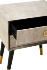 Fiora Shagreen Bedside Table. Shagreen leather bedside table. Two-drawer bedside table. Gold accent furniture. Modern nightstand. Luxury bedside table. Black leg table. Textured finish furniture. Contemporary bedroom décor. Boutique home style.
