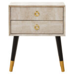 Fiora Shagreen Bedside Table. Shagreen leather bedside table. Two-drawer bedside table. Gold accent furniture. Modern nightstand. Luxury bedside table. Black leg table. Textured finish furniture. Contemporary bedroom décor. Boutique home style.