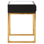 Cardoba Shagreen Bedside Table. Black shagreen leather. Gold U-shaped legs. Knocker-style handle. Modern nightstand. Luxury bedside table. Contemporary furniture. Textured finish. Durable frame. Boutique bedroom décor.