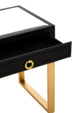 Cardoba Shagreen Bedside Table. Black shagreen leather. Gold U-shaped legs. Knocker-style handle. Modern nightstand. Luxury bedside table. Contemporary furniture. Textured finish. Durable frame. Boutique bedroom décor.