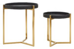 Corina Set of 2 Shagreen Side Tables. Black shagreen tables. Gold finish legs. Tray-style tops. Nesting tables. Modern accent furniture. Luxury side tables. Contemporary living room décor. Durable furniture. Boutique design.