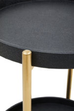 Corina 2 Tier Tray Table. Shagreen tray table. Two-tier drinks trolley. Gold finish frame. Black shagreen shelves. Modern bar cart. Luxury serving table. Contemporary accent furniture. Mobile side table. Boutique home décor.