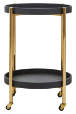 Corina 2 Tier Tray Table. Shagreen tray table. Two-tier drinks trolley. Gold finish frame. Black shagreen shelves. Modern bar cart. Luxury serving table. Contemporary accent furniture. Mobile side table. Boutique home décor.
