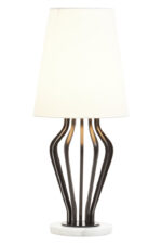 Olera Table Lamp. Black Iron Table Lamp. White Marble Base Lamp. Empire Shade Lamp. Monochrome Table Lamp. Contemporary Table Lamp. Modern Home Lighting. Minimalist Table Lamp. Luxe Accent Lamp. Boutique Style Lamp. Side Table Lamp. Desk Lamp. Living Room Lamp. Bedroom Lamp. Ambient Lighting Feature. Stylish Lighting Piece.